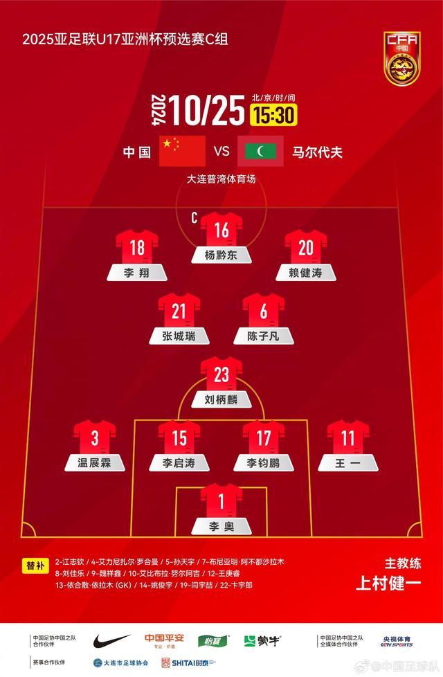 U17亚预赛：中国VS马尔代夫首发，杨黔东、李翔领衔，艾比布拉替补