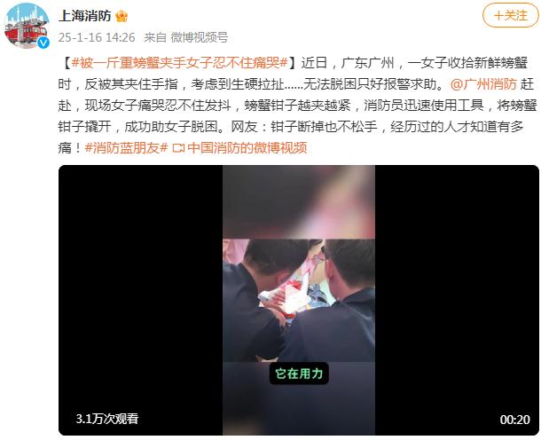 女子被1斤重螃蟹夹手求助119